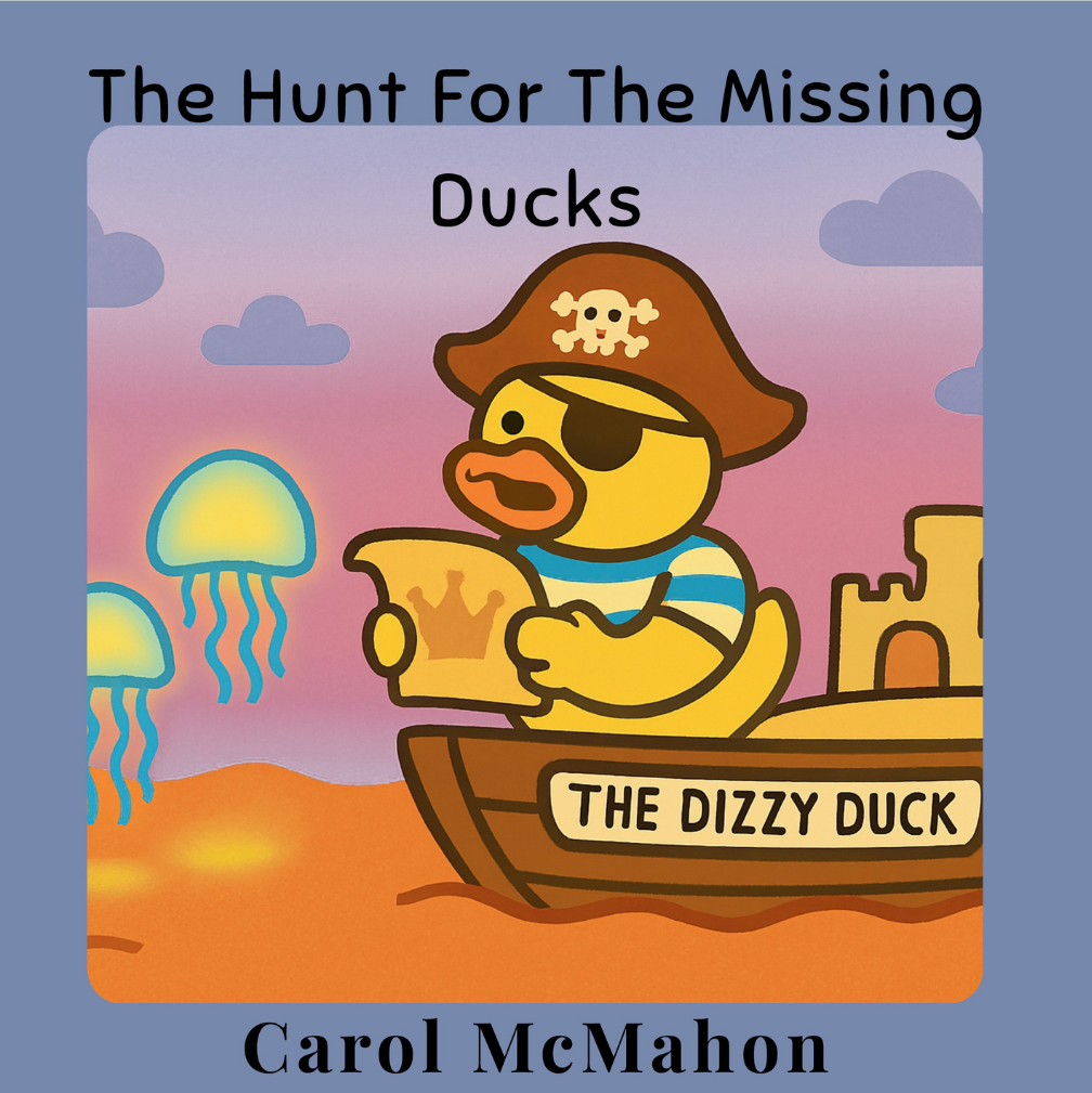 Front cover of The Hunt for the Missing Ducks by Carol McMahon, showing Captain Quackers in a pirate hat at sea.