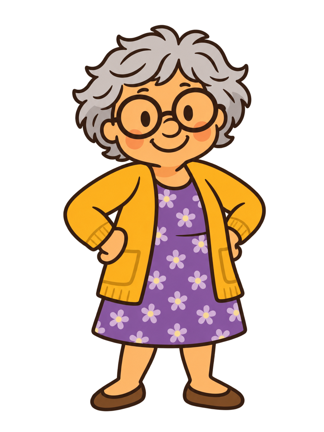 Nana smiling with round glasses, a yellow cardigan and a purple floral dress