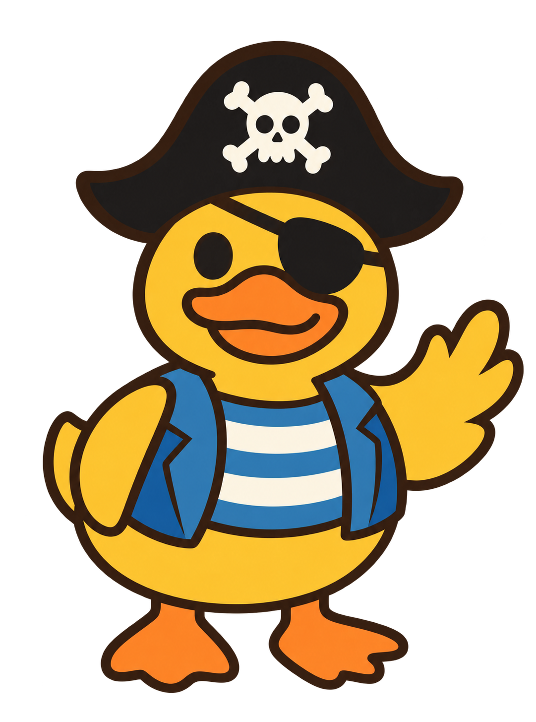 Captain Quackers waving in a pirate hat, eye patch and blue striped waistcoat