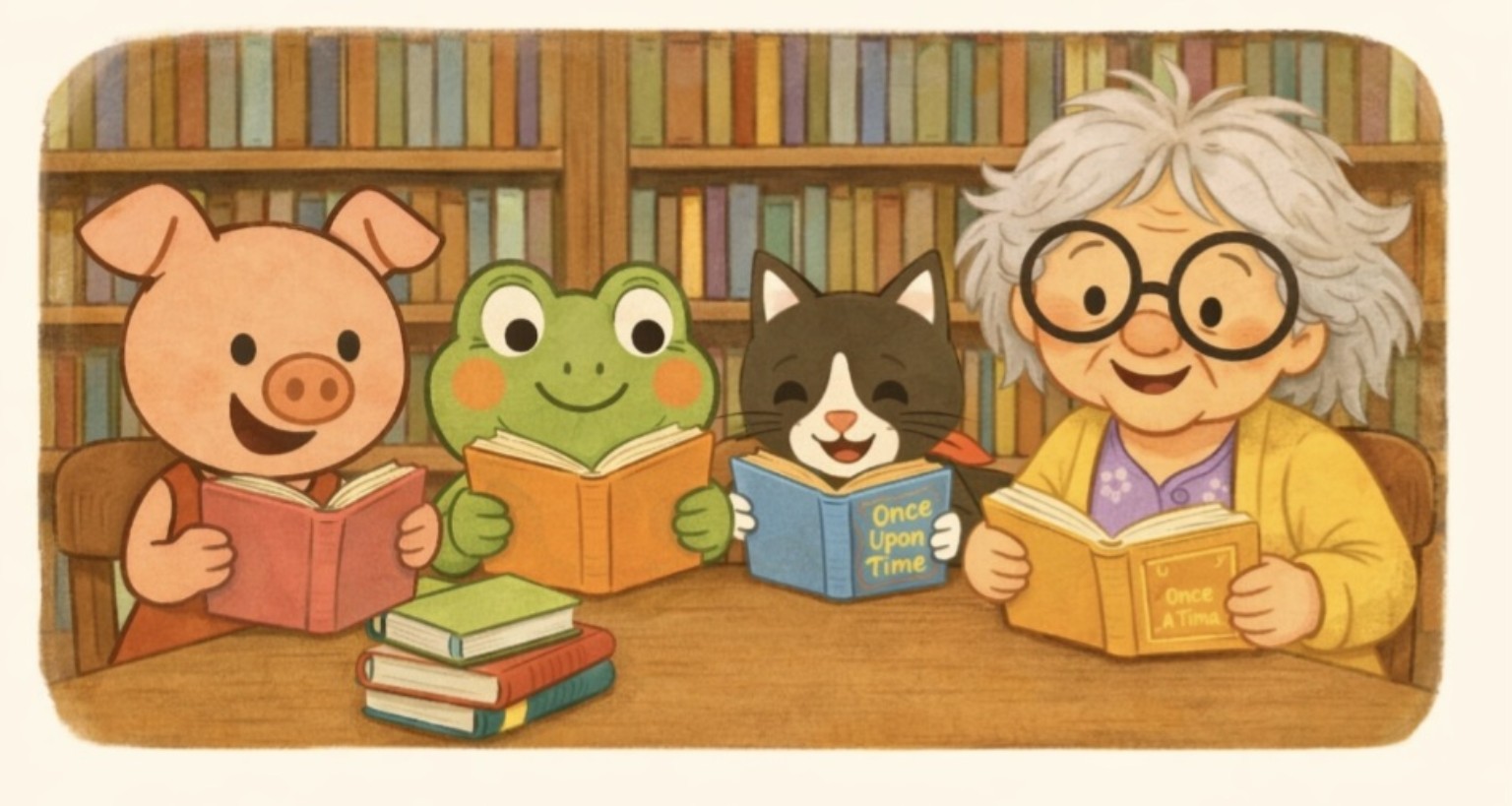 Pig, Frog, Cat and Nana reading together in a library, each holding their own open book surrounded by shelves of colourful stories