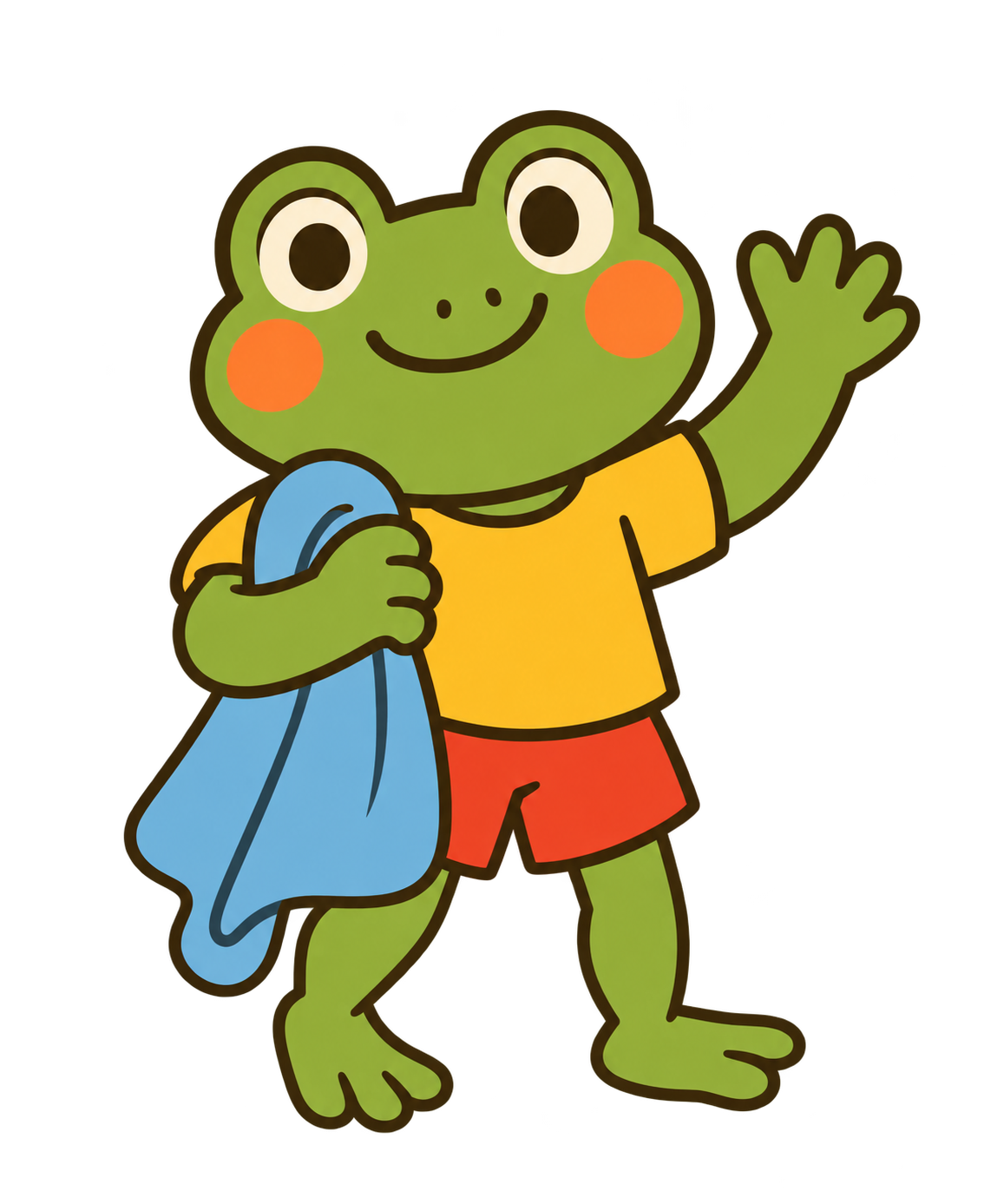Frog smiling and waving while holding a blue blanket
