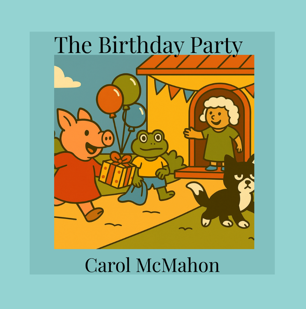 Front cover of The Birthday Party by Carol McMahon, showing the Pocket Mayhem characters at a birthday party with balloons.