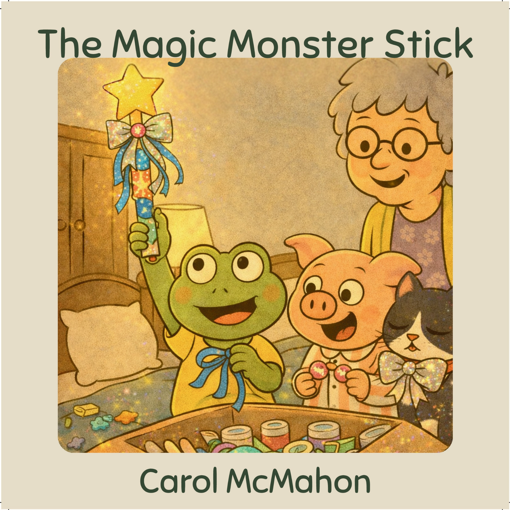Front cover of The Magic Monster Stick by Carol McMahon, showing Nana holding a glowing stick beside Frog, Pig and Cat.